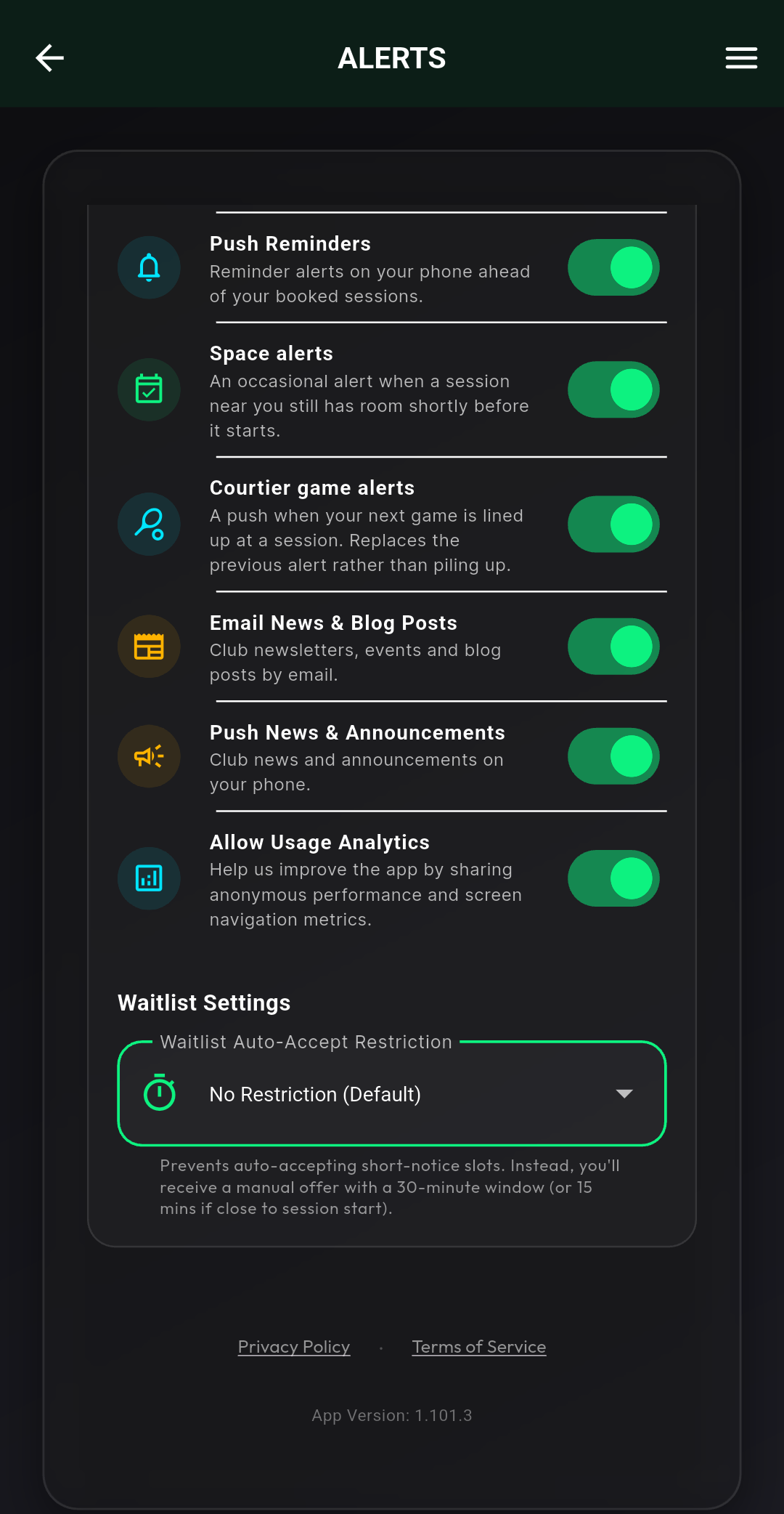 The Alerts settings screen