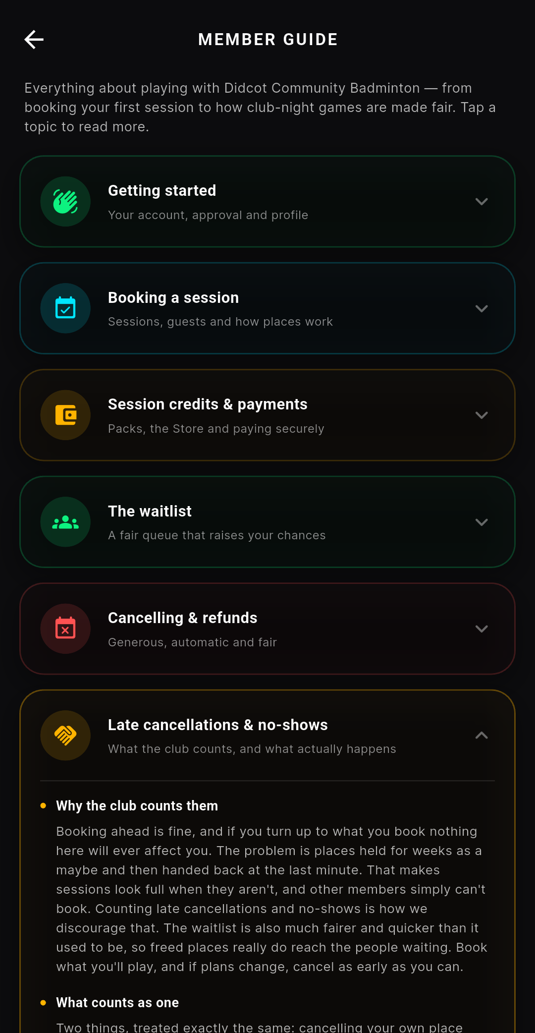 The Member Guide section on late cancellations