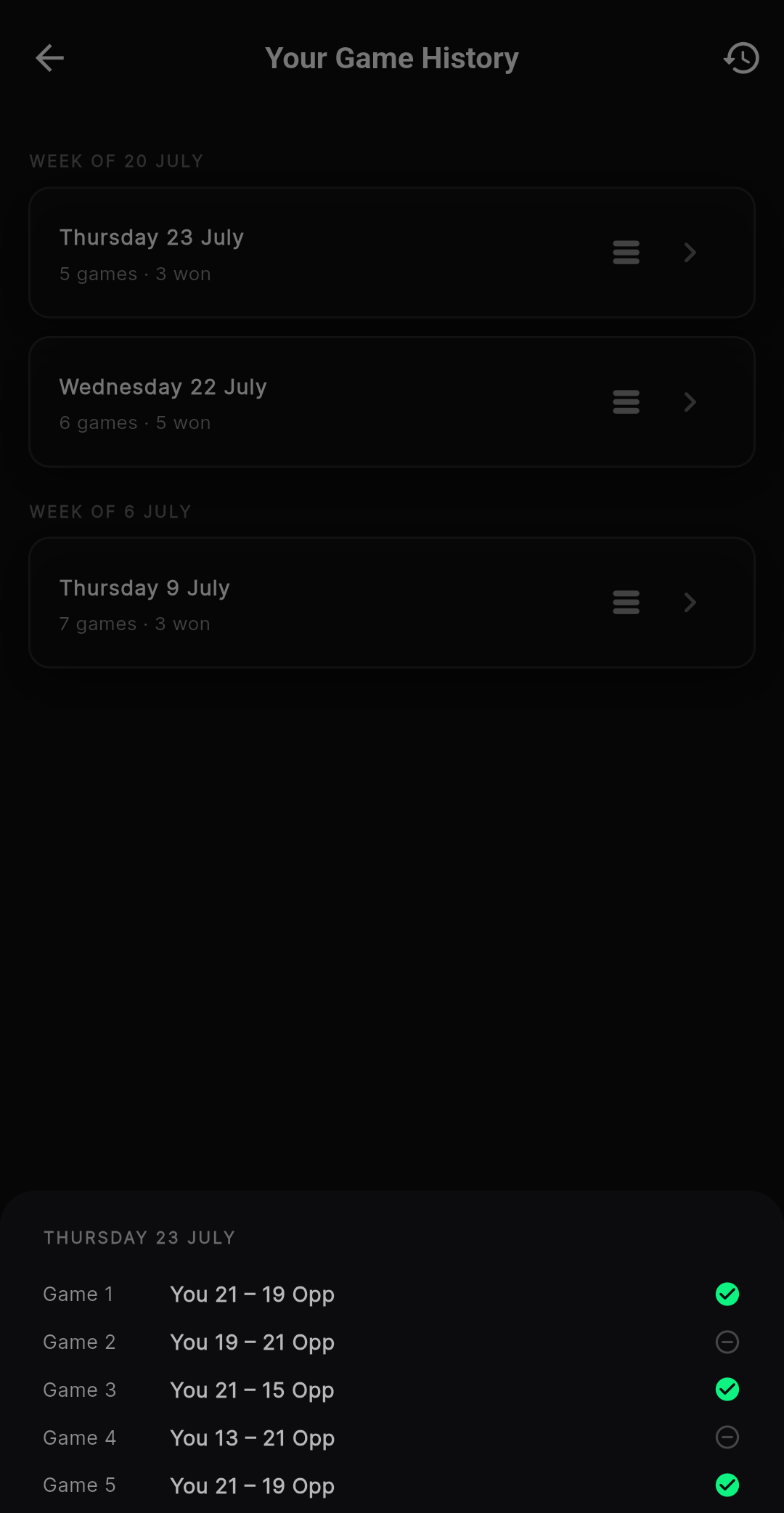 Your game history with game-by-game results